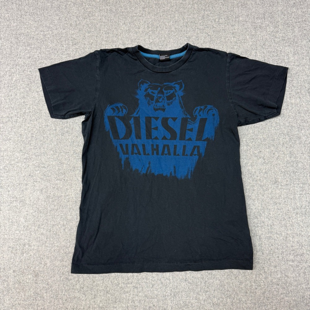 Diesel Valhalla Graphic T-Shirt Size M Black Blue Bear Cotton Short Sleeve Tee
